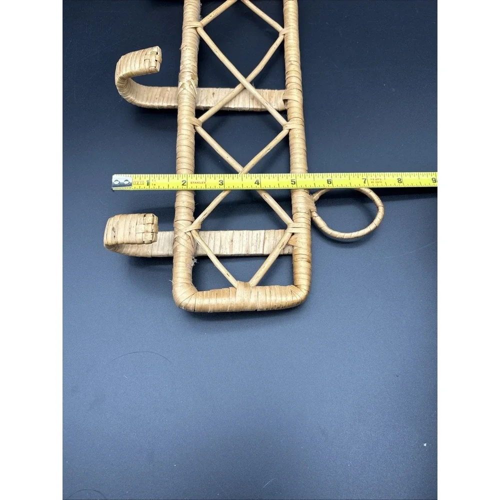 VTG 70s Rattan Wicker Wall Coat Rack 4 Hooks Diamond Lattice Jiangsu China Boho